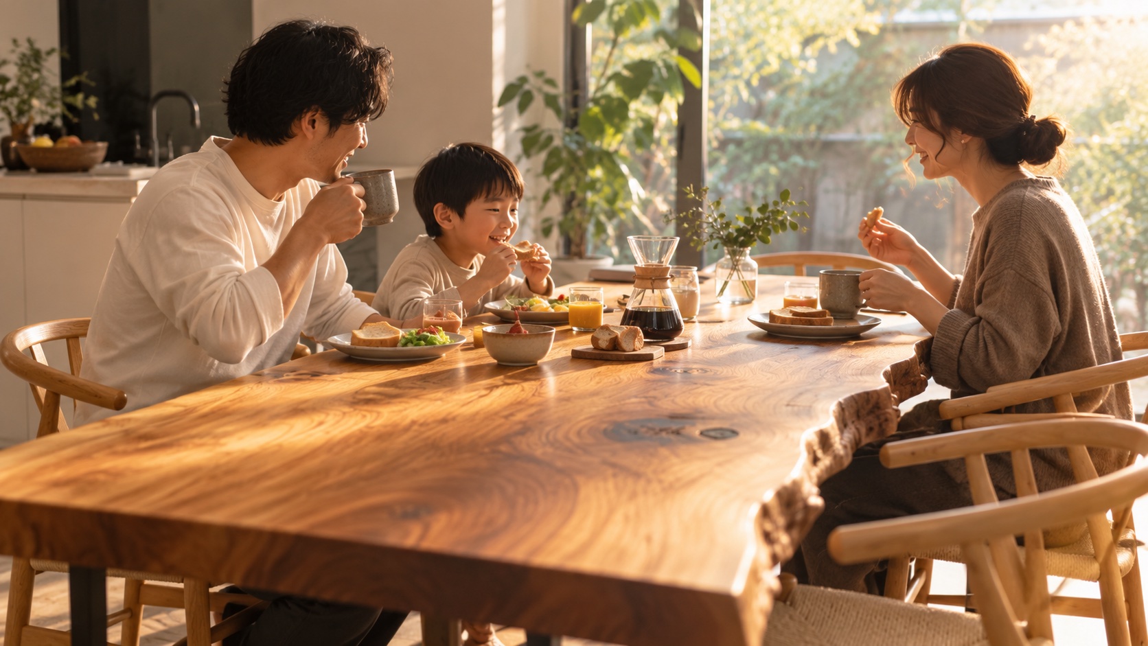 朝の光の中､一枚板のテーブルで朝食をとりながら笑い合う家族