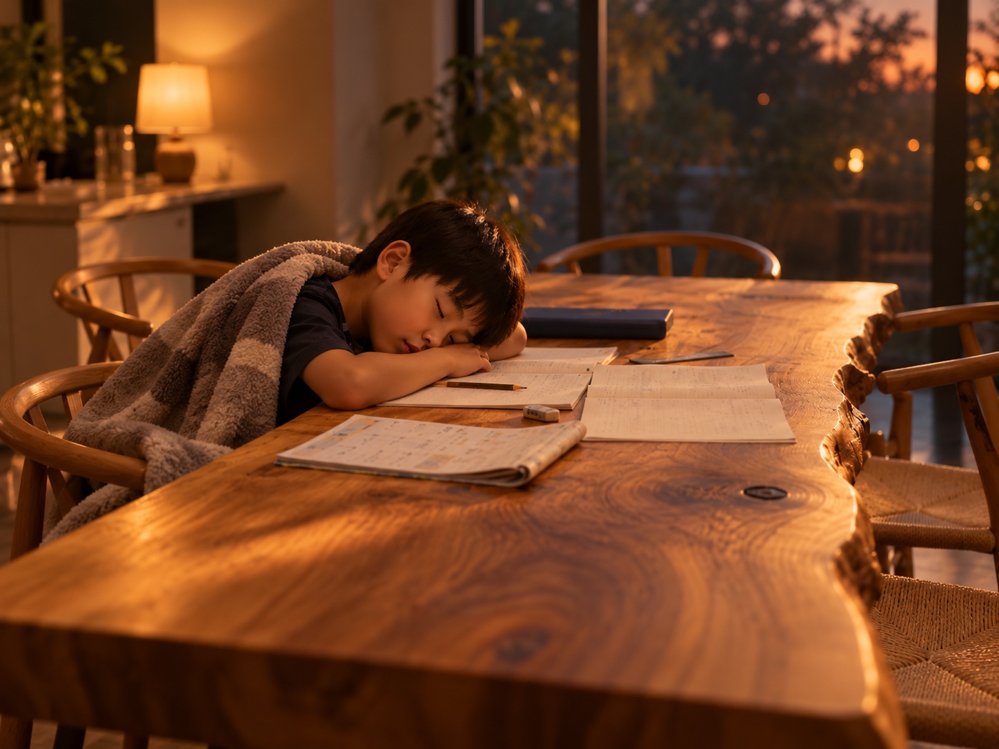 夜､同じテーブルで毛布をかけられて眠る男の子